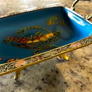 Vintage BRASS ENAMELED FOOTED Tray